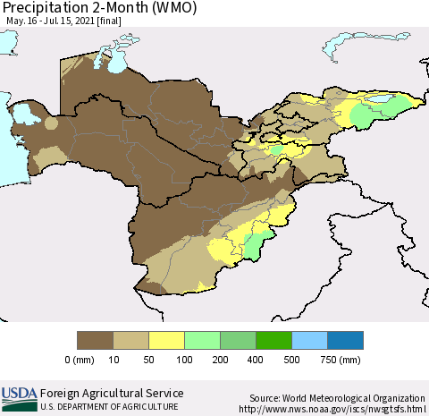 Central Asia Precipitation 2-Month (WMO) Thematic Map For 5/16/2021 - 7/15/2021
