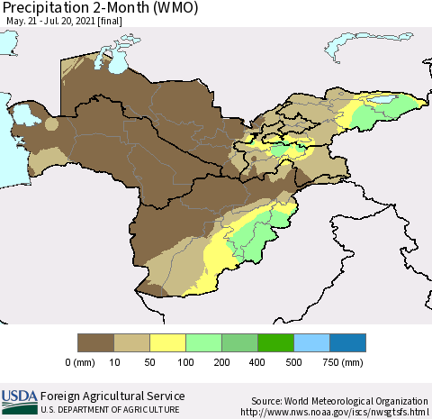 Central Asia Precipitation 2-Month (WMO) Thematic Map For 5/21/2021 - 7/20/2021