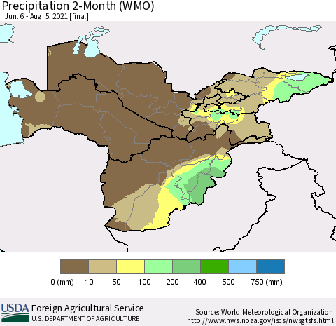 Central Asia Precipitation 2-Month (WMO) Thematic Map For 6/6/2021 - 8/5/2021