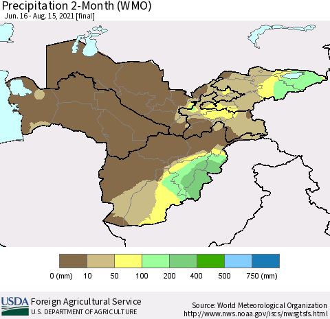 Central Asia Precipitation 2-Month (WMO) Thematic Map For 6/16/2021 - 8/15/2021
