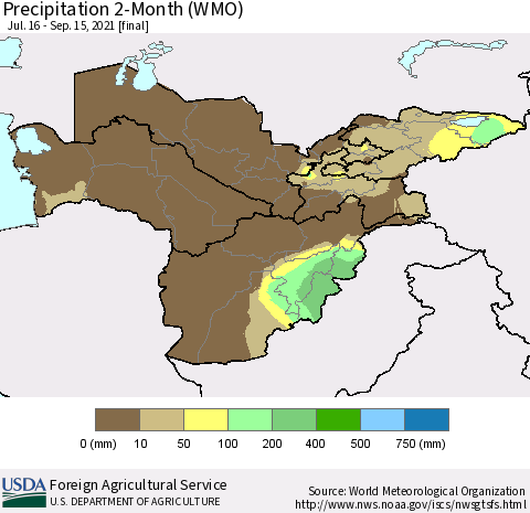 Central Asia Precipitation 2-Month (WMO) Thematic Map For 7/16/2021 - 9/15/2021