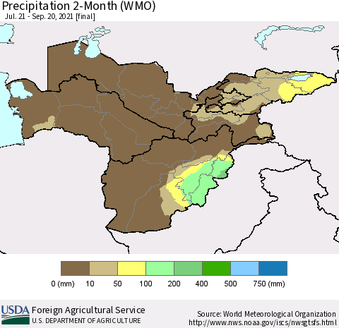 Central Asia Precipitation 2-Month (WMO) Thematic Map For 7/21/2021 - 9/20/2021