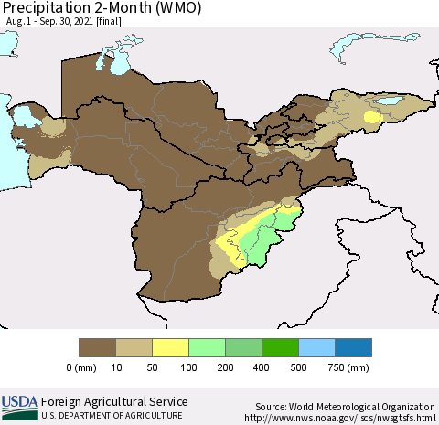 Central Asia Precipitation 2-Month (WMO) Thematic Map For 8/1/2021 - 9/30/2021