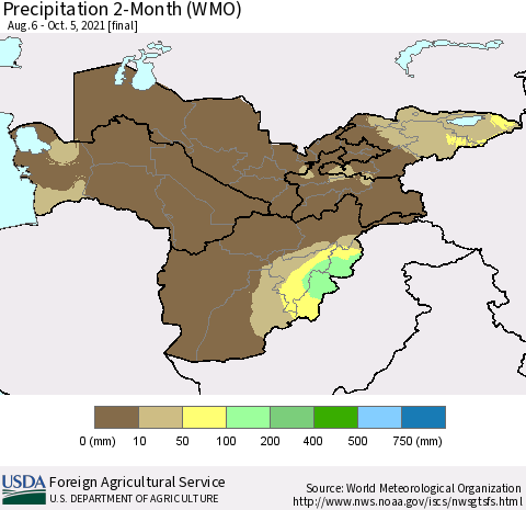 Central Asia Precipitation 2-Month (WMO) Thematic Map For 8/6/2021 - 10/5/2021