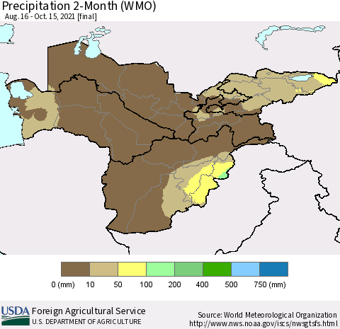 Central Asia Precipitation 2-Month (WMO) Thematic Map For 8/16/2021 - 10/15/2021