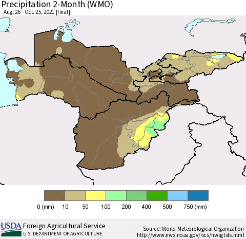Central Asia Precipitation 2-Month (WMO) Thematic Map For 8/26/2021 - 10/25/2021