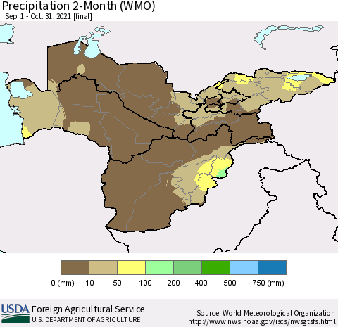 Central Asia Precipitation 2-Month (WMO) Thematic Map For 9/1/2021 - 10/31/2021