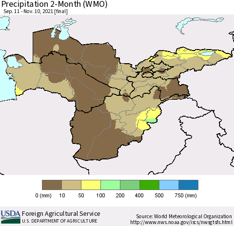 Central Asia Precipitation 2-Month (WMO) Thematic Map For 9/11/2021 - 11/10/2021