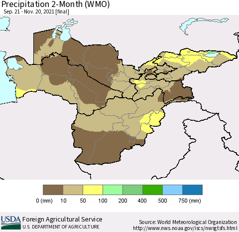 Central Asia Precipitation 2-Month (WMO) Thematic Map For 9/21/2021 - 11/20/2021