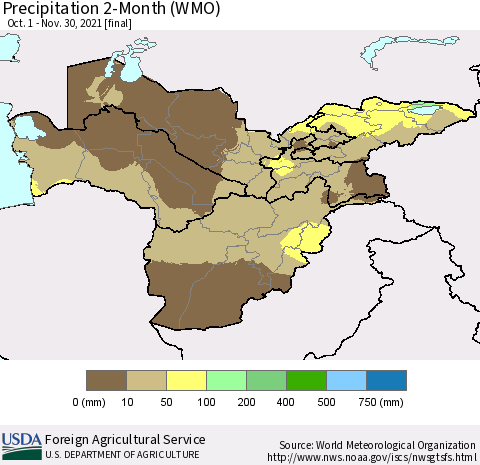 Central Asia Precipitation 2-Month (WMO) Thematic Map For 10/1/2021 - 11/30/2021
