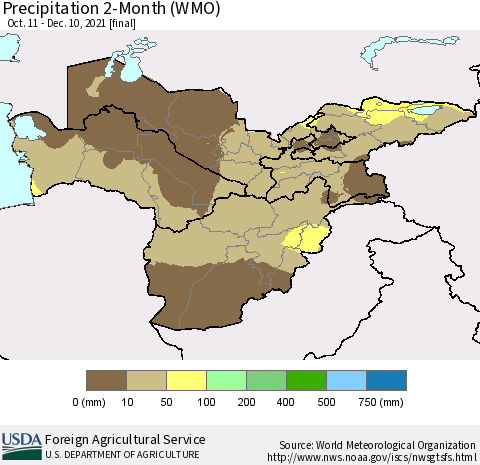 Central Asia Precipitation 2-Month (WMO) Thematic Map For 10/11/2021 - 12/10/2021