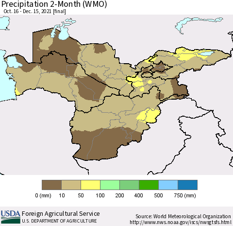 Central Asia Precipitation 2-Month (WMO) Thematic Map For 10/16/2021 - 12/15/2021