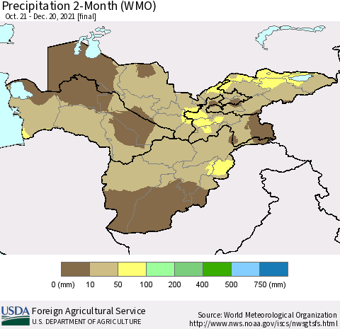 Central Asia Precipitation 2-Month (WMO) Thematic Map For 10/21/2021 - 12/20/2021