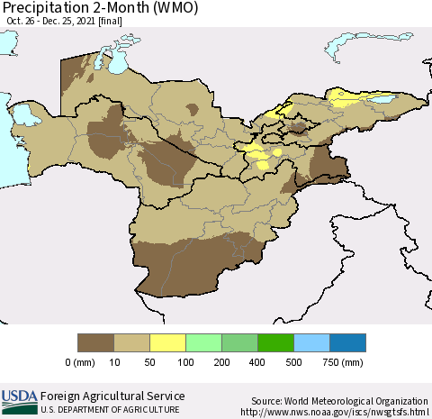 Central Asia Precipitation 2-Month (WMO) Thematic Map For 10/26/2021 - 12/25/2021