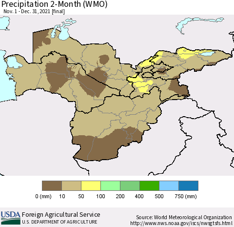 Central Asia Precipitation 2-Month (WMO) Thematic Map For 11/1/2021 - 12/31/2021