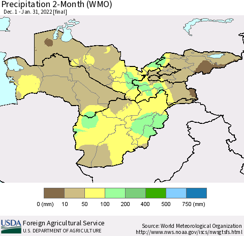 Central Asia Precipitation 2-Month (WMO) Thematic Map For 12/1/2021 - 1/31/2022