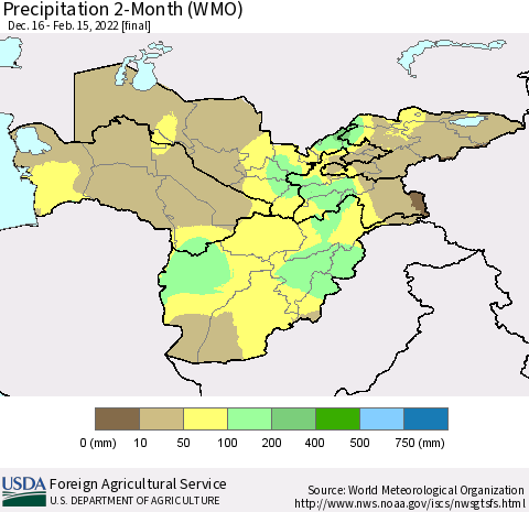 Central Asia Precipitation 2-Month (WMO) Thematic Map For 12/16/2021 - 2/15/2022