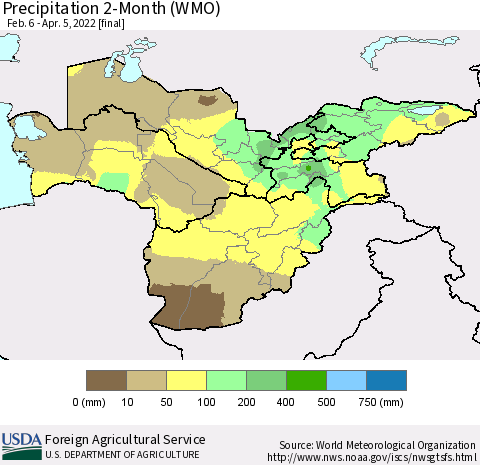 Central Asia Precipitation 2-Month (WMO) Thematic Map For 2/6/2022 - 4/5/2022