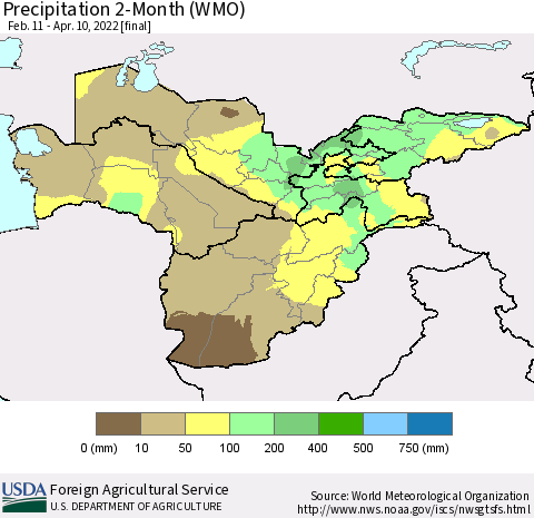 Central Asia Precipitation 2-Month (WMO) Thematic Map For 2/11/2022 - 4/10/2022