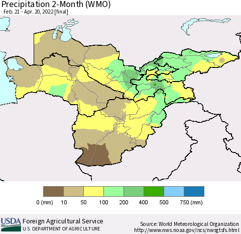 Central Asia Precipitation 2-Month (WMO) Thematic Map For 2/21/2022 - 4/20/2022