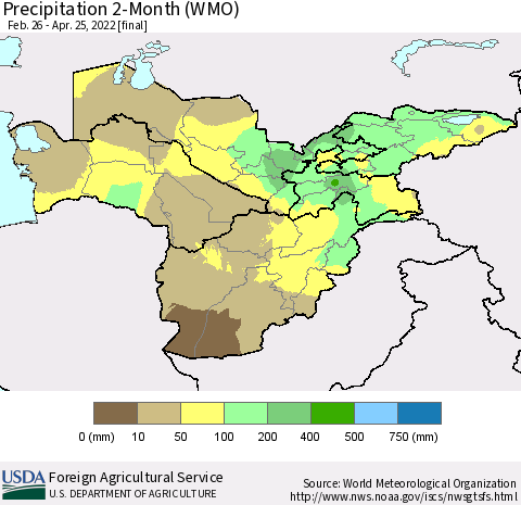 Central Asia Precipitation 2-Month (WMO) Thematic Map For 2/26/2022 - 4/25/2022
