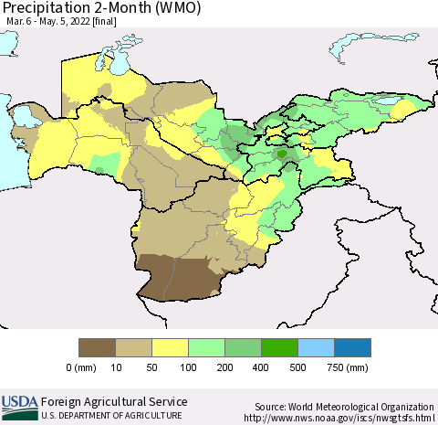 Central Asia Precipitation 2-Month (WMO) Thematic Map For 3/6/2022 - 5/5/2022