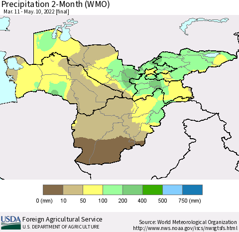 Central Asia Precipitation 2-Month (WMO) Thematic Map For 3/11/2022 - 5/10/2022