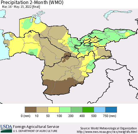 Central Asia Precipitation 2-Month (WMO) Thematic Map For 3/16/2022 - 5/15/2022