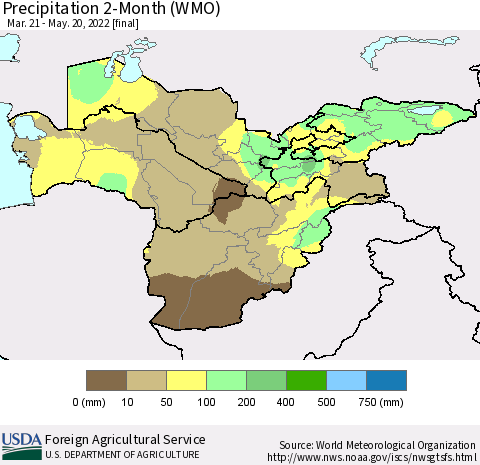 Central Asia Precipitation 2-Month (WMO) Thematic Map For 3/21/2022 - 5/20/2022