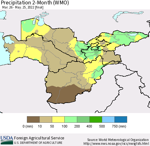 Central Asia Precipitation 2-Month (WMO) Thematic Map For 3/26/2022 - 5/25/2022