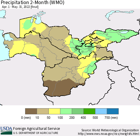 Central Asia Precipitation 2-Month (WMO) Thematic Map For 4/1/2022 - 5/31/2022