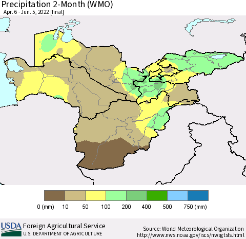 Central Asia Precipitation 2-Month (WMO) Thematic Map For 4/6/2022 - 6/5/2022