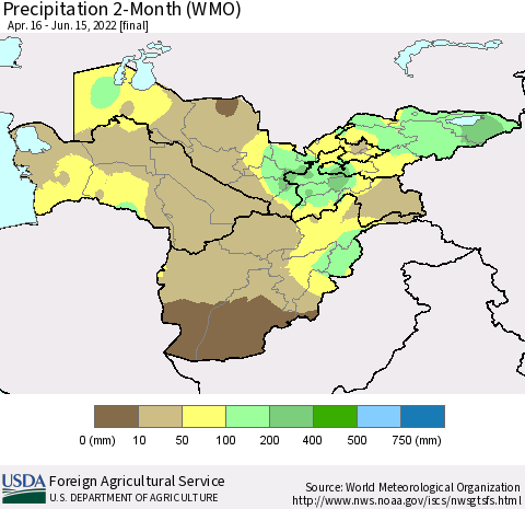 Central Asia Precipitation 2-Month (WMO) Thematic Map For 4/16/2022 - 6/15/2022