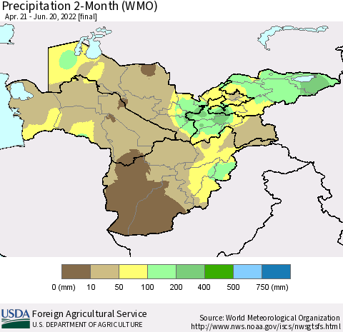 Central Asia Precipitation 2-Month (WMO) Thematic Map For 4/21/2022 - 6/20/2022