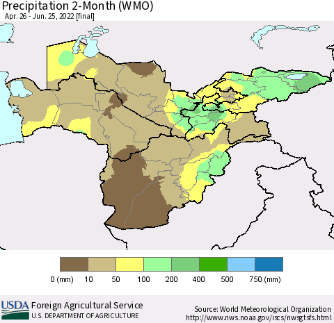 Central Asia Precipitation 2-Month (WMO) Thematic Map For 4/26/2022 - 6/25/2022