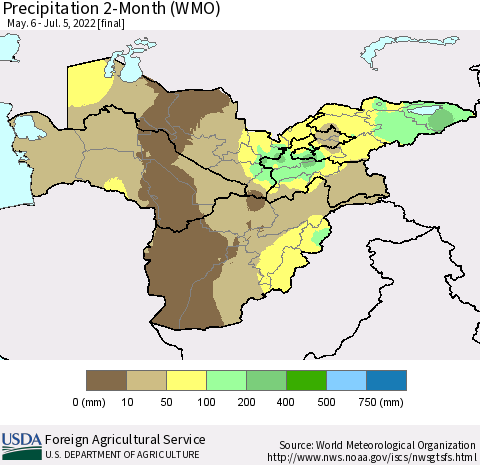 Central Asia Precipitation 2-Month (WMO) Thematic Map For 5/6/2022 - 7/5/2022