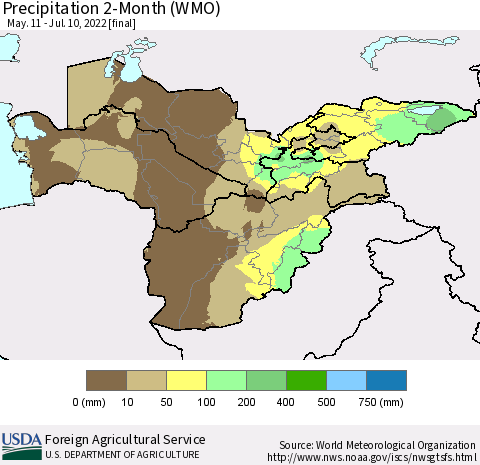 Central Asia Precipitation 2-Month (WMO) Thematic Map For 5/11/2022 - 7/10/2022