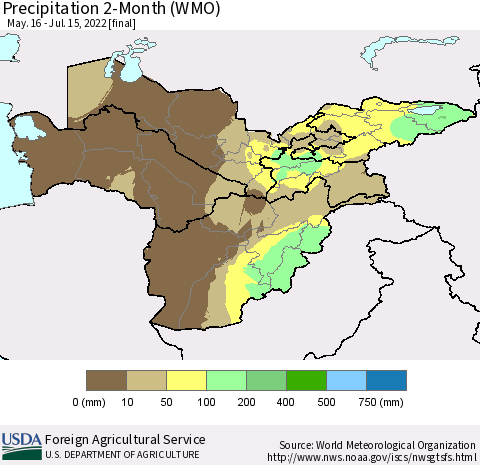 Central Asia Precipitation 2-Month (WMO) Thematic Map For 5/16/2022 - 7/15/2022