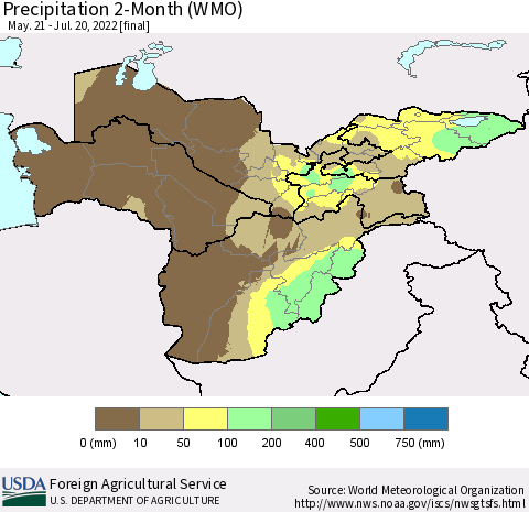 Central Asia Precipitation 2-Month (WMO) Thematic Map For 5/21/2022 - 7/20/2022