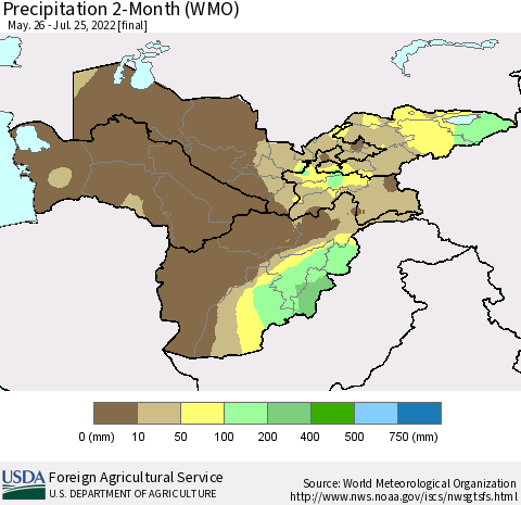 Central Asia Precipitation 2-Month (WMO) Thematic Map For 5/26/2022 - 7/25/2022