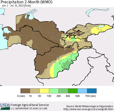 Central Asia Precipitation 2-Month (WMO) Thematic Map For 6/1/2022 - 7/31/2022