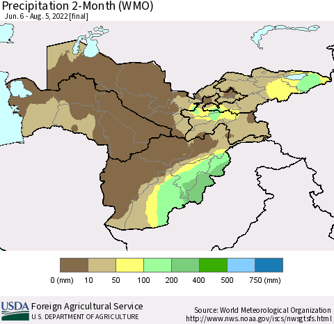 Central Asia Precipitation 2-Month (WMO) Thematic Map For 6/6/2022 - 8/5/2022