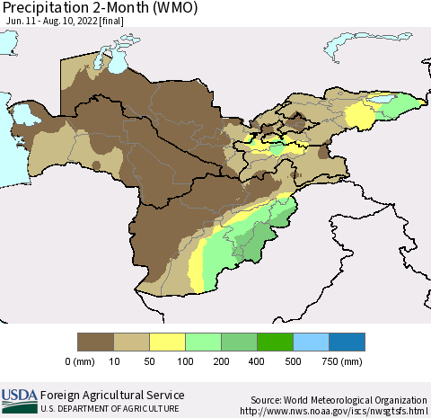 Central Asia Precipitation 2-Month (WMO) Thematic Map For 6/11/2022 - 8/10/2022