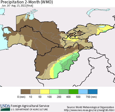 Central Asia Precipitation 2-Month (WMO) Thematic Map For 6/16/2022 - 8/15/2022