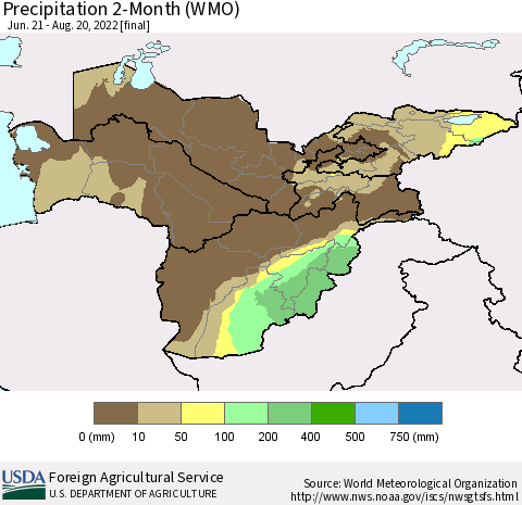 Central Asia Precipitation 2-Month (WMO) Thematic Map For 6/21/2022 - 8/20/2022