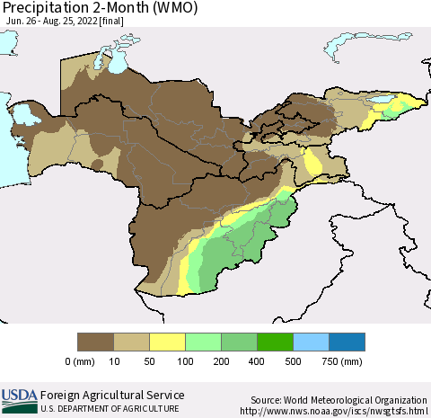 Central Asia Precipitation 2-Month (WMO) Thematic Map For 6/26/2022 - 8/25/2022