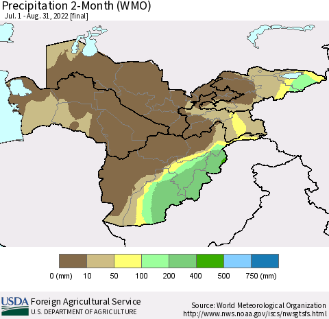 Central Asia Precipitation 2-Month (WMO) Thematic Map For 7/1/2022 - 8/31/2022