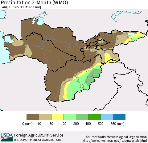 Central Asia Precipitation 2-Month (WMO) Thematic Map For 8/1/2022 - 9/30/2022