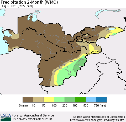 Central Asia Precipitation 2-Month (WMO) Thematic Map For 8/6/2022 - 10/5/2022