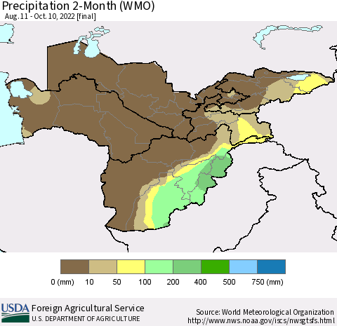 Central Asia Precipitation 2-Month (WMO) Thematic Map For 8/11/2022 - 10/10/2022